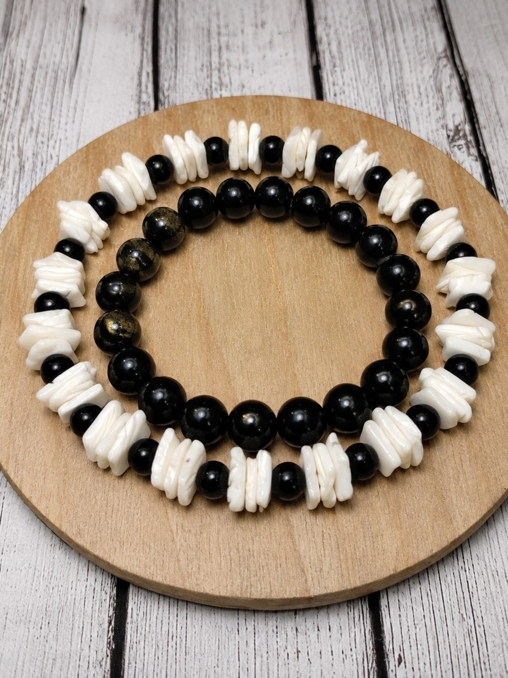 2pc Black Obsidian and White Puka Beaded Stretch Anklet And Bracelet Set